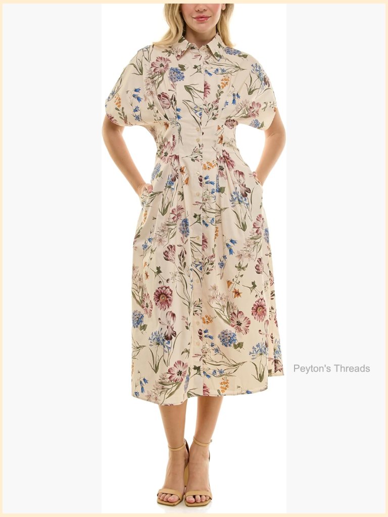 Pintucked Midi Shirtdress With Pockets Floral Print Cotton Sheath Dress